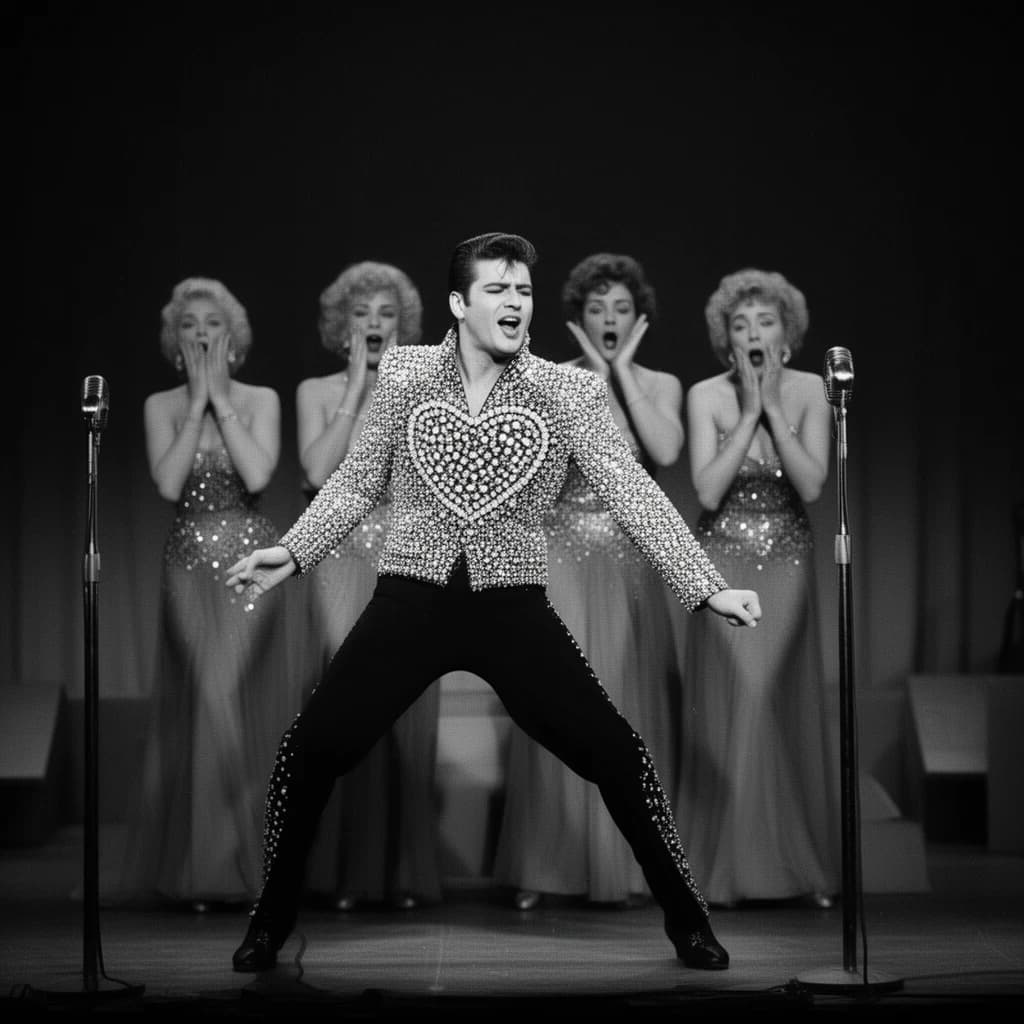 An archival image from 1953 of the rock singer swinging his hips on the stage while glamorous back up singers feign shock at his gyrations! He wears a diamond encrusted jacket with the stones arranged in the shape of a heart