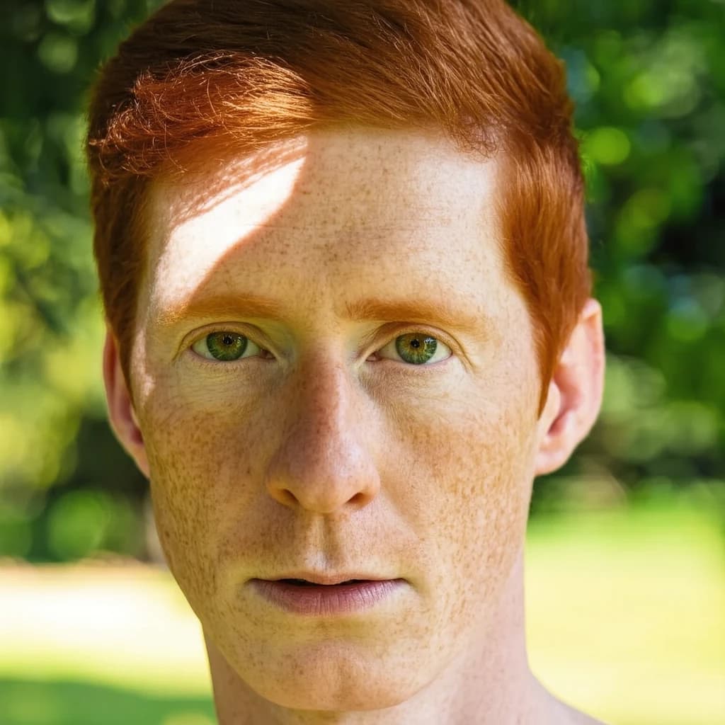Shoot a natural light headshot of a red-haired man with freckles, green eyes.