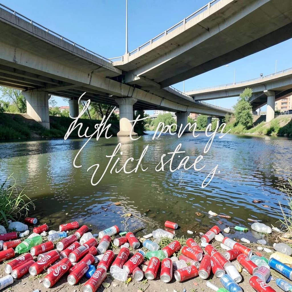 Red soda cans and other garbage sit strewn across the bank of an urban river only a few metres wide. Concrete overpasses criss cross overhead on a bright and sunny day. Fading skywriting proposes marriage