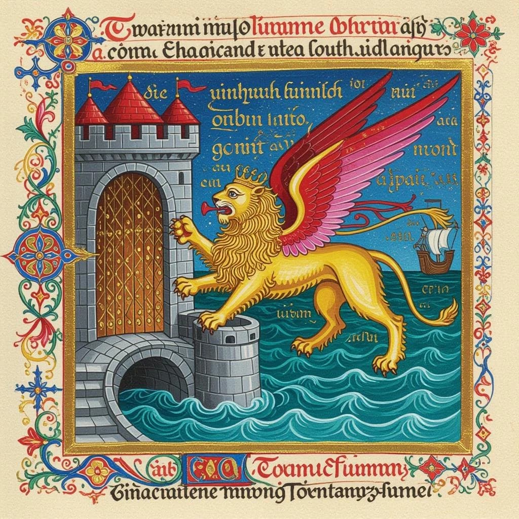 Paint an illuminated manuscript scene of a winged lion guarding a sea gate.