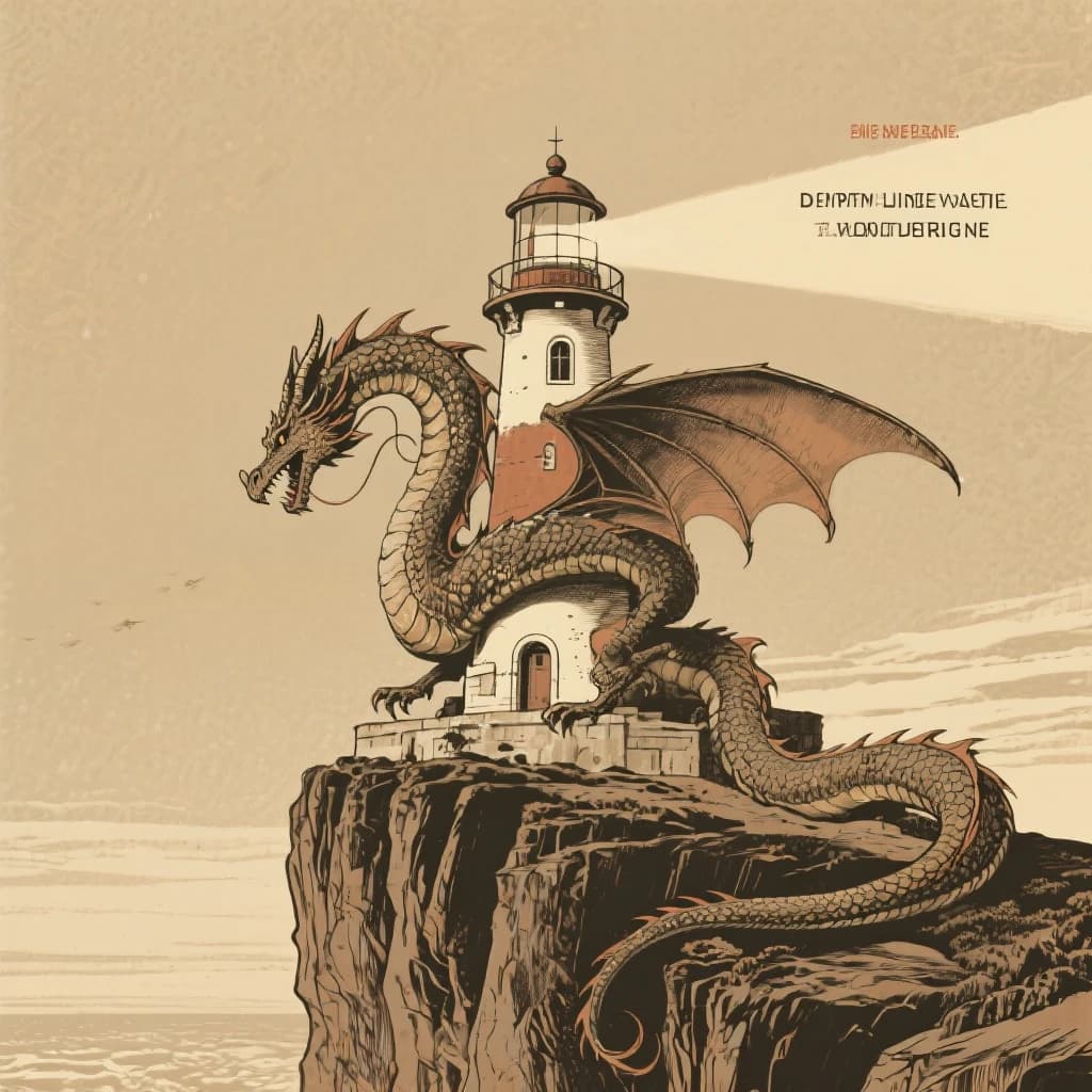 Let's do a sepia pulp cover where a dragon coils around a cliffside lighthouse.