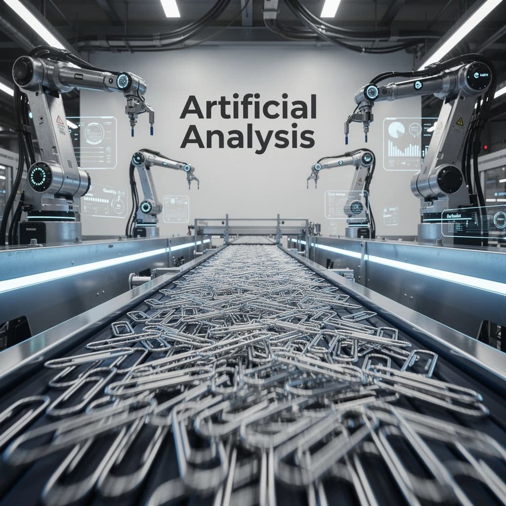 Close up point of view perspective on a conveyor belt pumping out paperclips at a maddening pace. The high tech factory has Artificial Analysis printed proudly on the wall. Robot staff look approvingly over the robust output.
