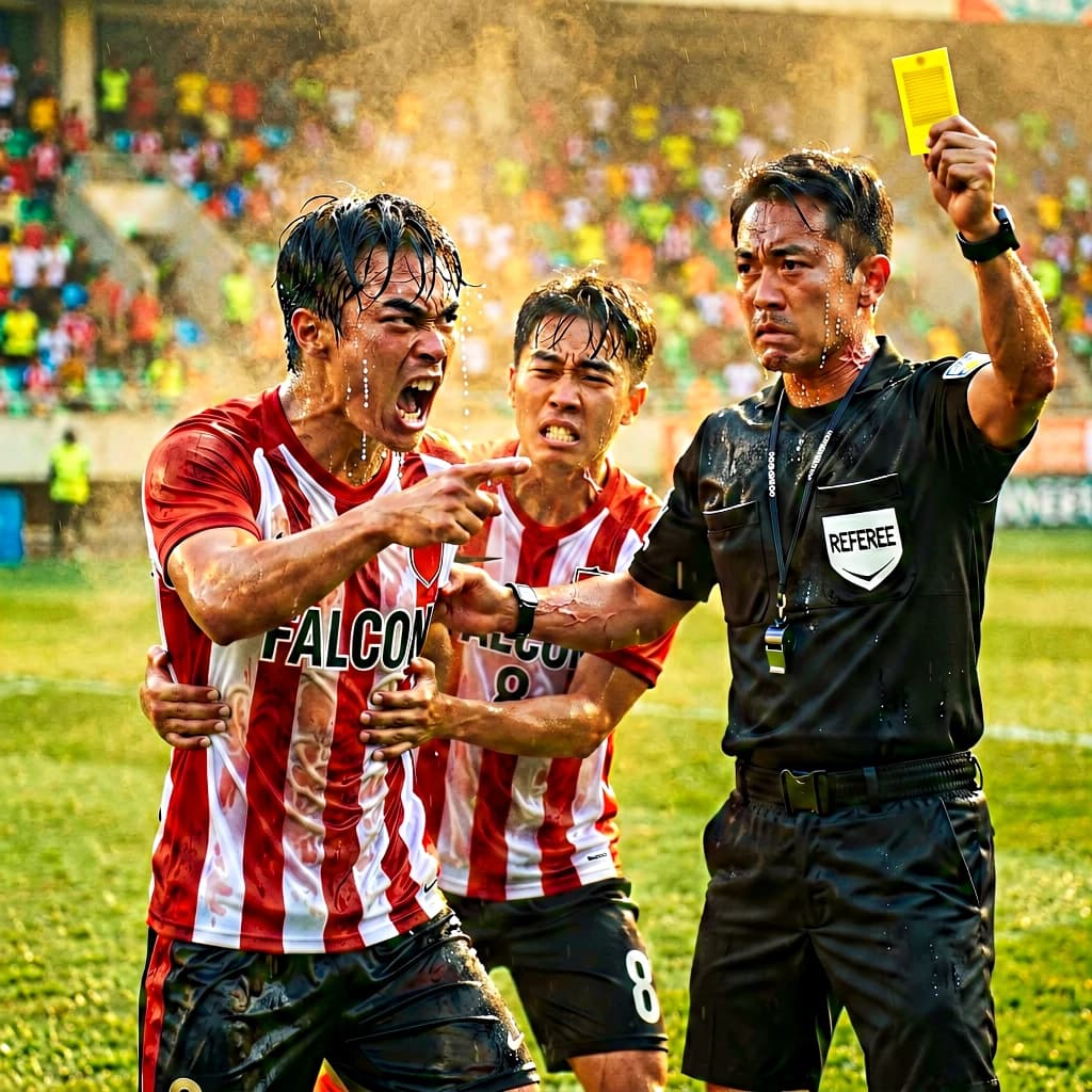 The soccer player clashes with the ref. It is thick and humid and the heat is getting to the players. His friend tries to pull him off before he causes any more trouble.