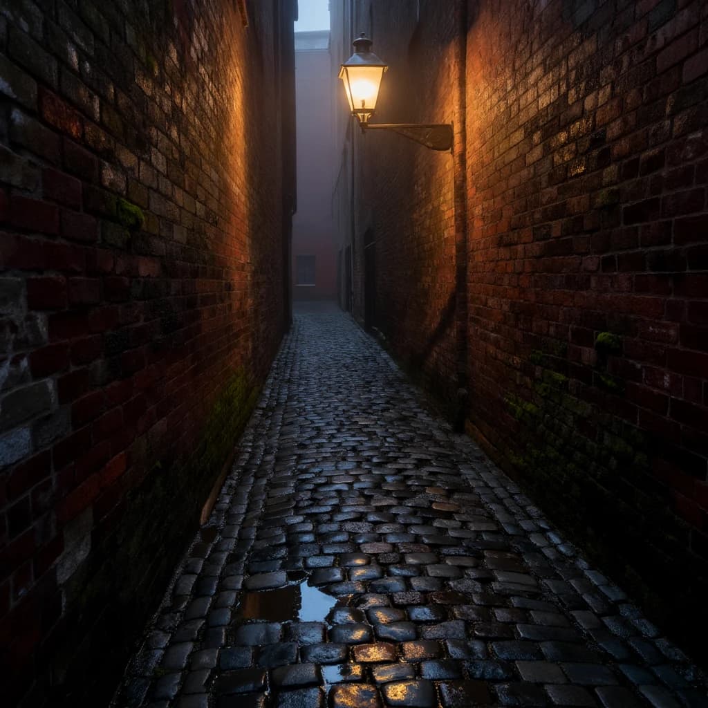 Show a narrow brick alley with wet cobblestones.
