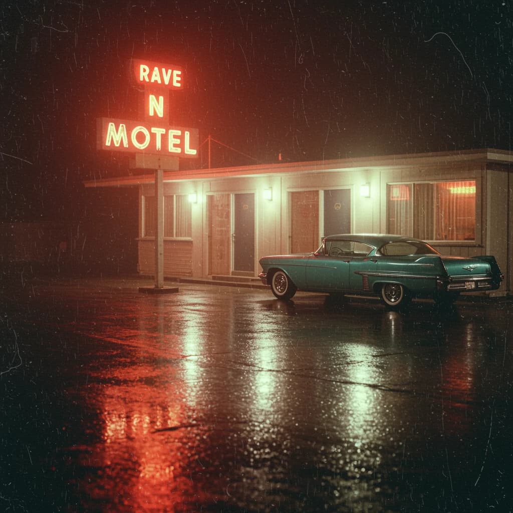Show an old roadside motel under neon at midnight, rain on asphalt, a teal classic coupe parked; a bit of film grain, slightly faded pastels, halftone print, paper texture.