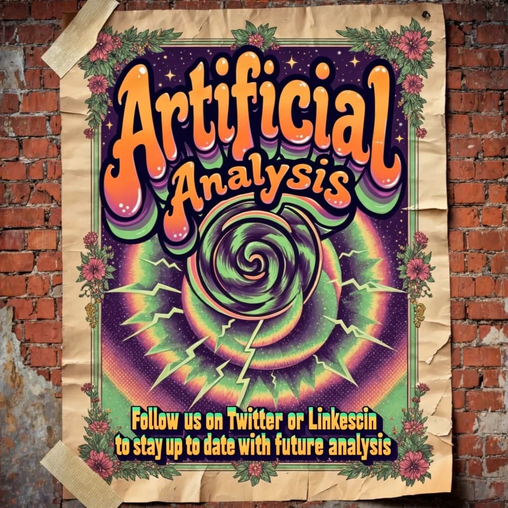A portrait layout psychedelic concert poster from 1972 bathed in saturated oranges, deep purples, and acid greens. Swirling, hand-drawn typography arcs across the top, spelling out Artificial Analysis in bold, distorted letters that melt into spirals. Surrounded by radiating concentric circles and lightning-bolt motifs. The background is textured with halftone dots and faded paper creases, evoking a well-worn poster taped to a brick wall. Ornate floral borders frame the design, while the bottom features blocky retro lettering listing “Follow us on Twitter or LinkedIn to stay up to date with future analysis” in smaller text. 