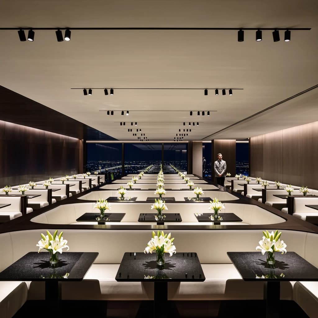The place is almost empty. The banquettes are covered in white leather, the tables black granite, and the entire room is bathed in halogen track lighting that seems too bright. The maître d’ wears a double-breasted wool crepe jacket. There are lilies on every table.