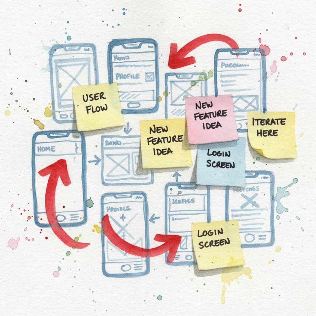 A rough watercolor of hand-drawn app wireframes, sticky notes, and red arrows.