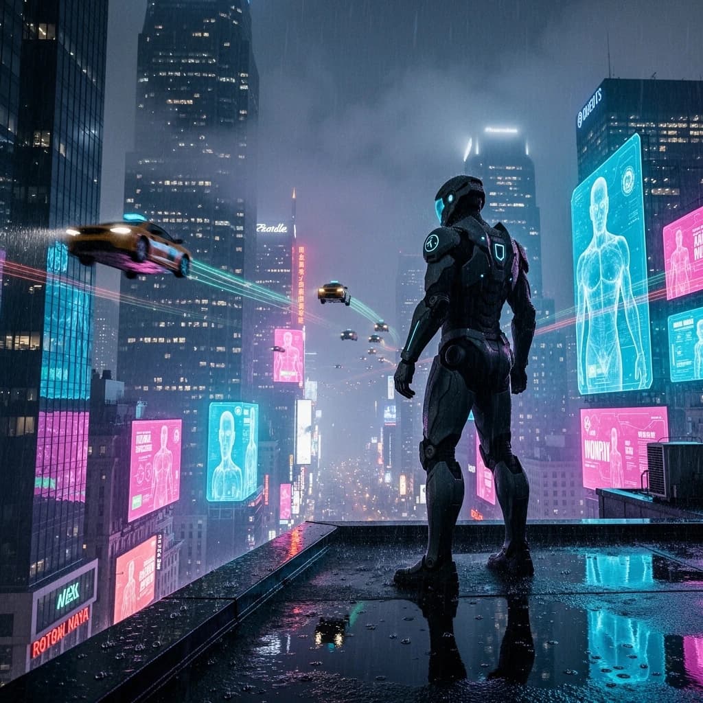 Rain-soaked neon megacity at night, flying taxis weave between glass towers, giant holograms flicker; a lone courier in a matte exosuit, somewhat cinematic wide angle.