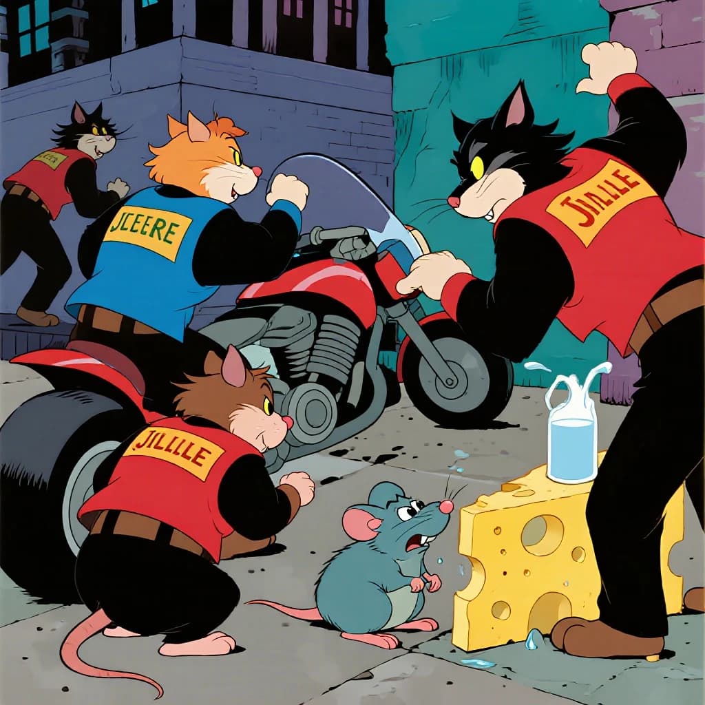 The cartoon rat clenches his thin wedge of cheese and trembles in fear as he hides from the menacing Jellicles, the roaming cat motorcycle gang, all wearing their colors with the name on the back. The cats have all drunk far too much milk and are causing a big ruckus! One cat is close to finding the rat