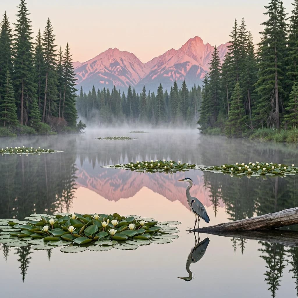 With pre-dawn mist along a cedar forest river and glassy water dotted with lily pads, distant mountains blush pink, and a heron stands still like it forgot what to do next.