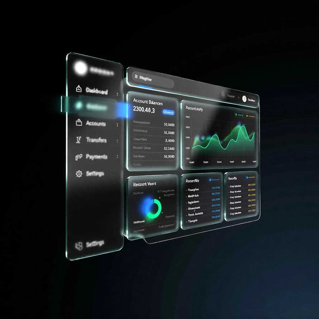 Dark mode banking dashboard with glassmorphism.