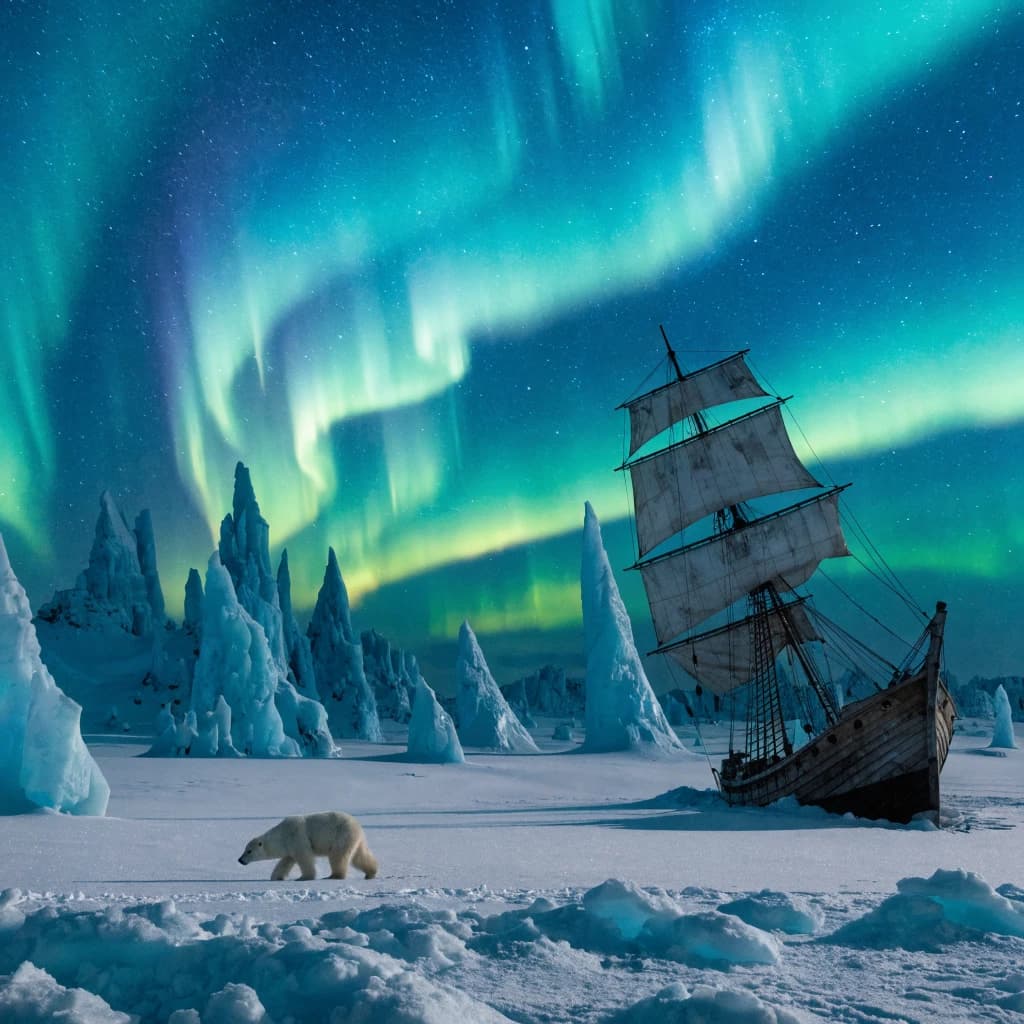 An endless tundra stretches outward, littered with jagged icebergs shaped like cathedral spires. A polar bear trudges across the foreground but leaves no tracks. Auroras ripple overhead. A half-buried shipwreck juts from the snow — sails billowing despite the still air.