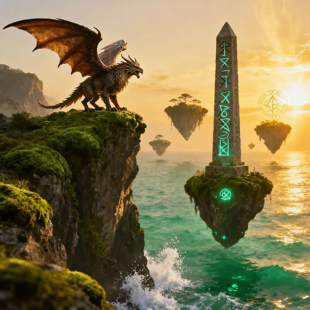 At dawn, a winged griffin lands on a mossy cliff above a jade sea beside a runed obelisk; floating isles drift under golden sunbeams, with a bit of sea spray and glowing runes.