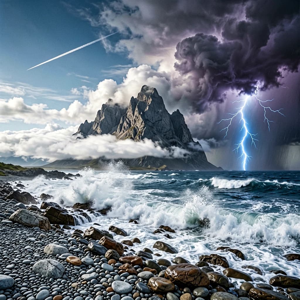 A stunning mountain vista pokes through the cloud top. Contrails from a distant airplane linger in the air. In the foreground there is a stony beach with foamy seas. A thunder storm is visibile in the distant right.
