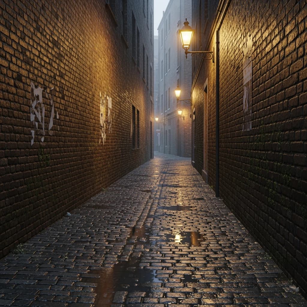 Show a narrow brick alley with wet cobblestones.