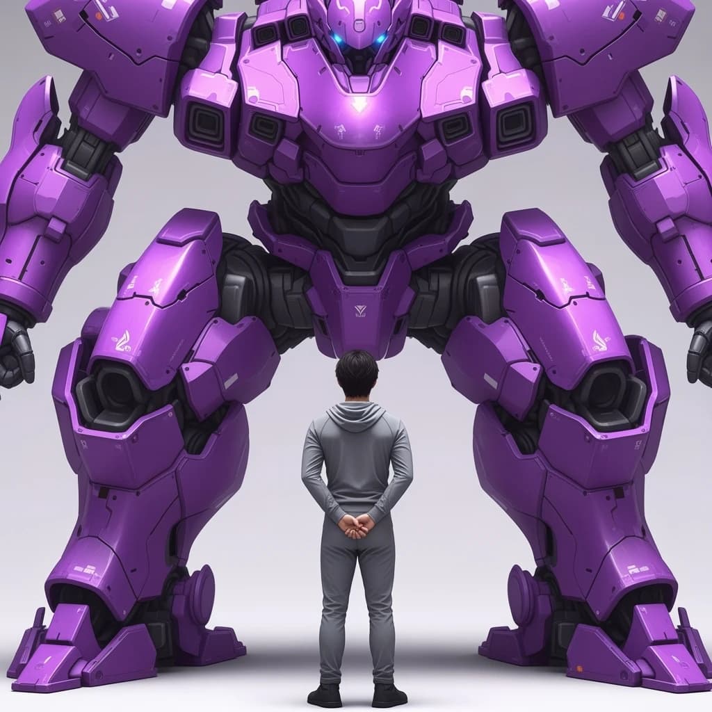 Clad in his body suit up to the neck, young Masa nervously approaches the towering mech with his back facing us. He is nervous for his first time in the field. The mech's bright purple colour scheme contrasts with the grey body suit. The scale of the mech dwarfs Masa. Hand drawn style