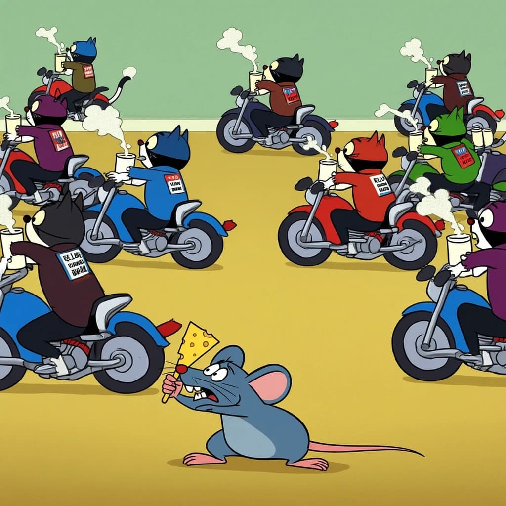 The cartoon rat clenches his thin wedge of cheese and trembles in fear as he hides from the menacing Jellicles, the roaming cat motorcycle gang, all wearing their colors with the name on the back. The cats have all drunk far too much milk and are causing a big ruckus! One cat is close to finding the rat
