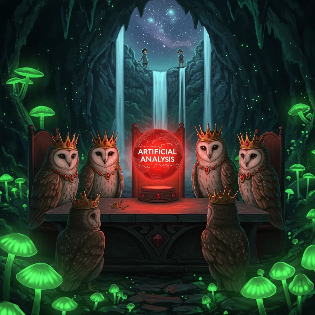 In a cavern lined with bioluminescent fungi glowing lime green, the council of owls wear jeweled crowns that glimmer with rubies, their wings folded behind their backs. Dust coats the stone table, a glowing orb inscribed with “Artificial Analysis” hovers above the table illuminating the owls with its red pulsating light. Behind them, a waterfall falls upward into a ceiling that opens onto stars - a child looks down in wonder from above at what he has stumbled across.