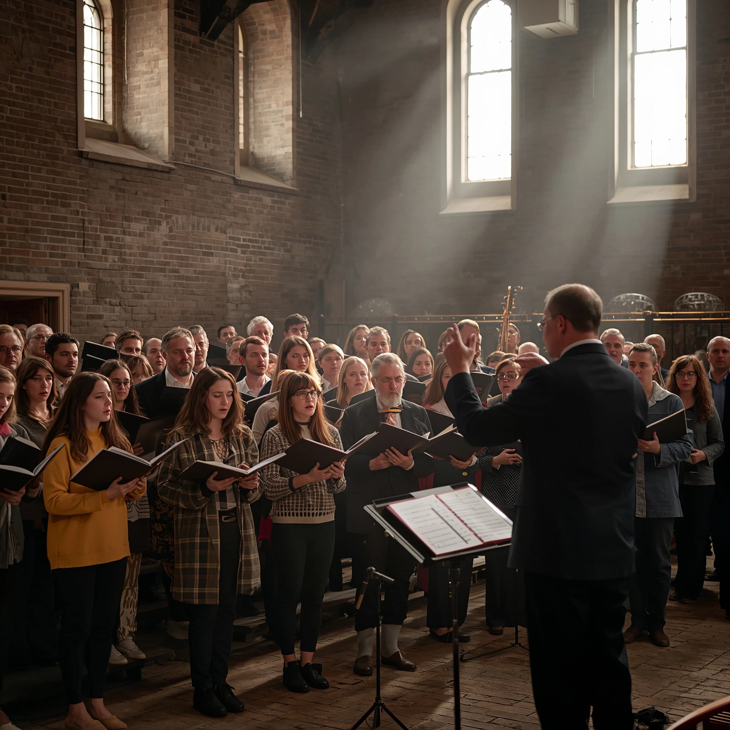 A choir rehearses in a brick hall as somewhat dramatic morning light falls through high windows, with a patient conductor mid-gesture, open scores, intent faces, slight motion blur.