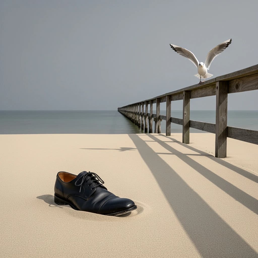 The beach is flat, sand beige, granular, no shells, except for a single left shoe, black leather, size eleven, half buried at an angle. The pier extends straight into the water, wood untreated, grain visible, though the support posts vanish before they touch the surface. The sky is uniformly gray, no clouds, yet shadows stretch at sharp diagonals. A single gull sits on the railing, wings outstretched, frozen mid-flap, no movement.