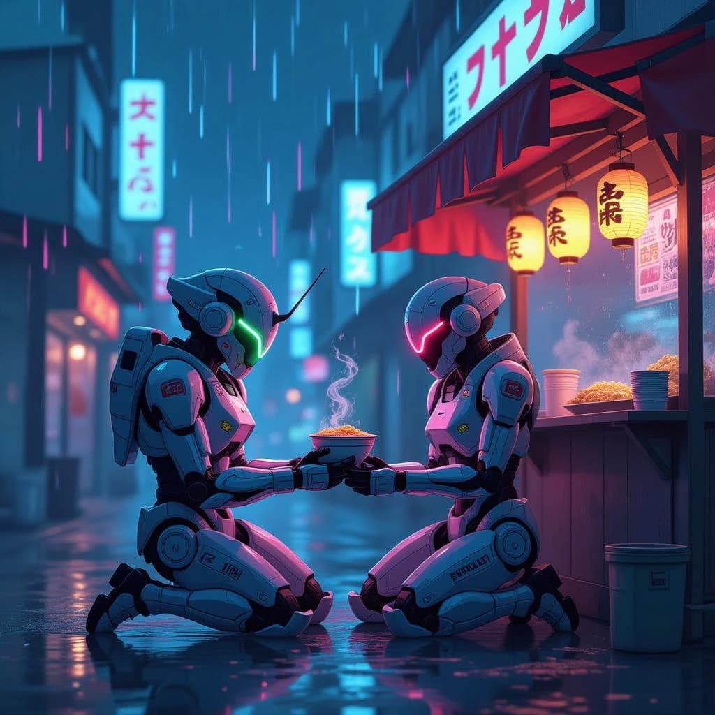 Neon rain falls as a cel-shaded mecha kneels by a ramen stall, midnight vibes.