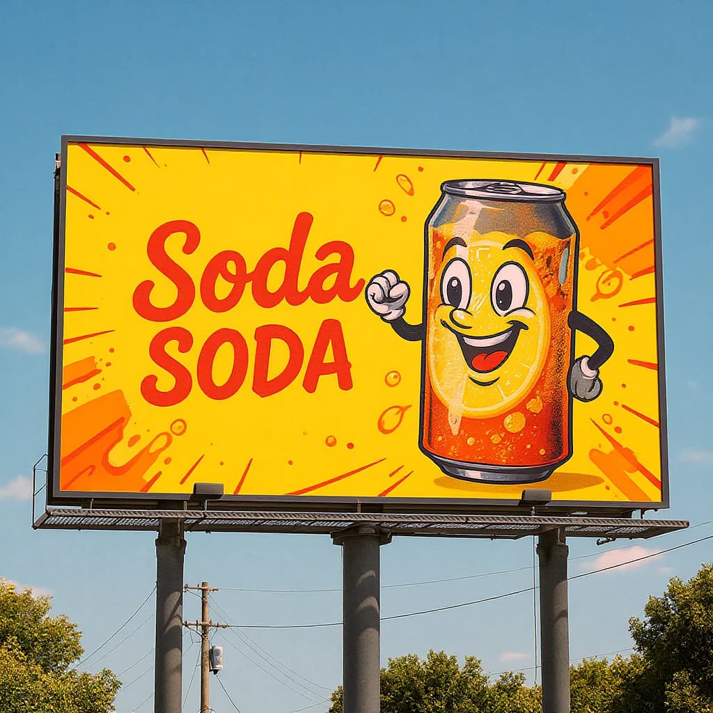 Design a bright soda billboard ad with a bubbly can mascot, thick inky lines.