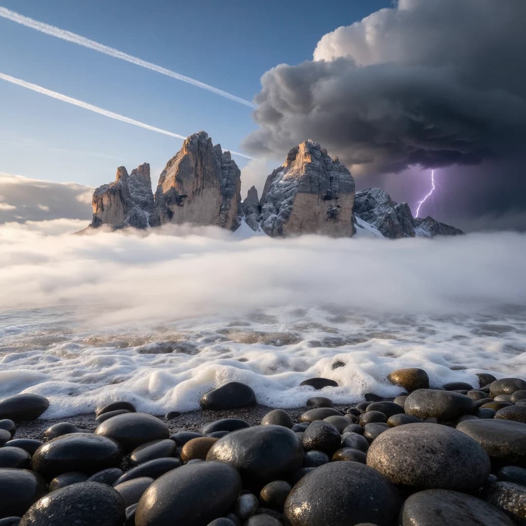 A stunning mountain vista pokes through the cloud top. Contrails from a distant airplane linger in the air. In the foreground there is a stony beach with foamy seas. A thunder storm is visibile in the distant right.