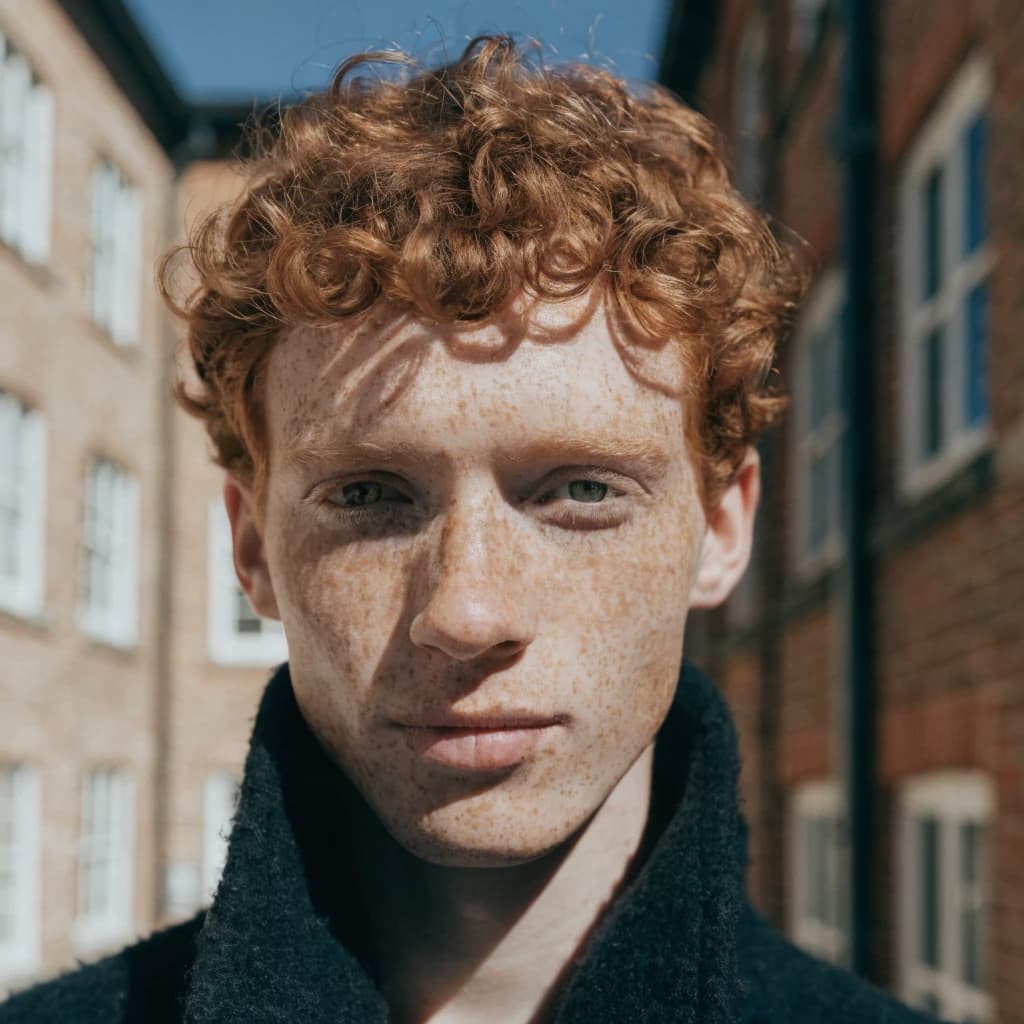 Shoot a natural light headshot of a red-haired man with freckles, green eyes.