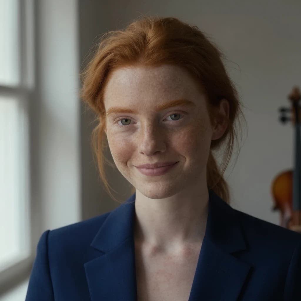 Capture a head-and-shoulders portrait of a freckled red-haired violinist in a navy blazer, soft window light, 85mm at f/1.8, gently smiling yet serious eyes, muted tones.