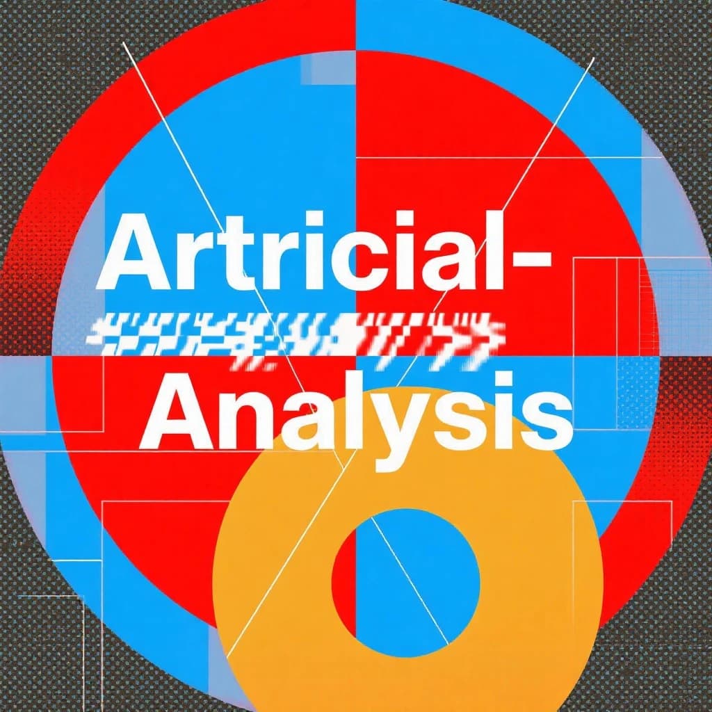 A bold poster composition dominated by flat geometric shapes in crimson, cobalt, and ochre. Overlapping circles and sharp diagonal lines create dynamic tension across the frame. A single sans-serif word — Artificial Analysis — stretches across the center in stark white, distorted slightly as though caught mid-glitch. The background is textured with halftone dots and faint grid lines, while subtle overlays of translucent rectangles suggest depth. Designed in the spirit of modernist Swiss typography fused with digital glitch aesthetics.