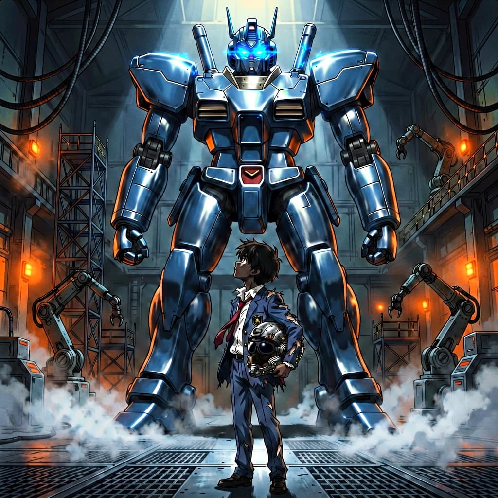 A teenage pilot grips his helmet under one arm, standing at the edge of a glowing hangar bay. Before him looms a sleek, steel-blue mech, its eyes lit with a cold electric glare. His school uniform is rumpled, a sharp contrast to the machine’s flawless plating. The vast scale engulfs him in shadow, emphasizing both awe and dread. Hand-drawn anime style.