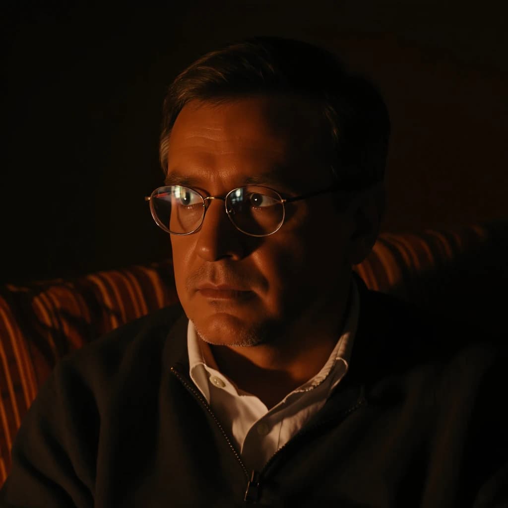 A sharply lit portrait of a middle-aged man wearing thin-rimmed glasses and a dark jacket over a white collared shirt. He gazes intently to the side, his face half illuminated by warm light while the background recedes into deep shadow. The expression is thoughtful, almost wary, as if caught mid-conversation. Behind him, a striped cushion in muted reds and blacks adds subtle texture, contrasting with the crisp highlights on his forehead and glasses. The overall mood is contemplative and cinematic, balancing warmth with tension.