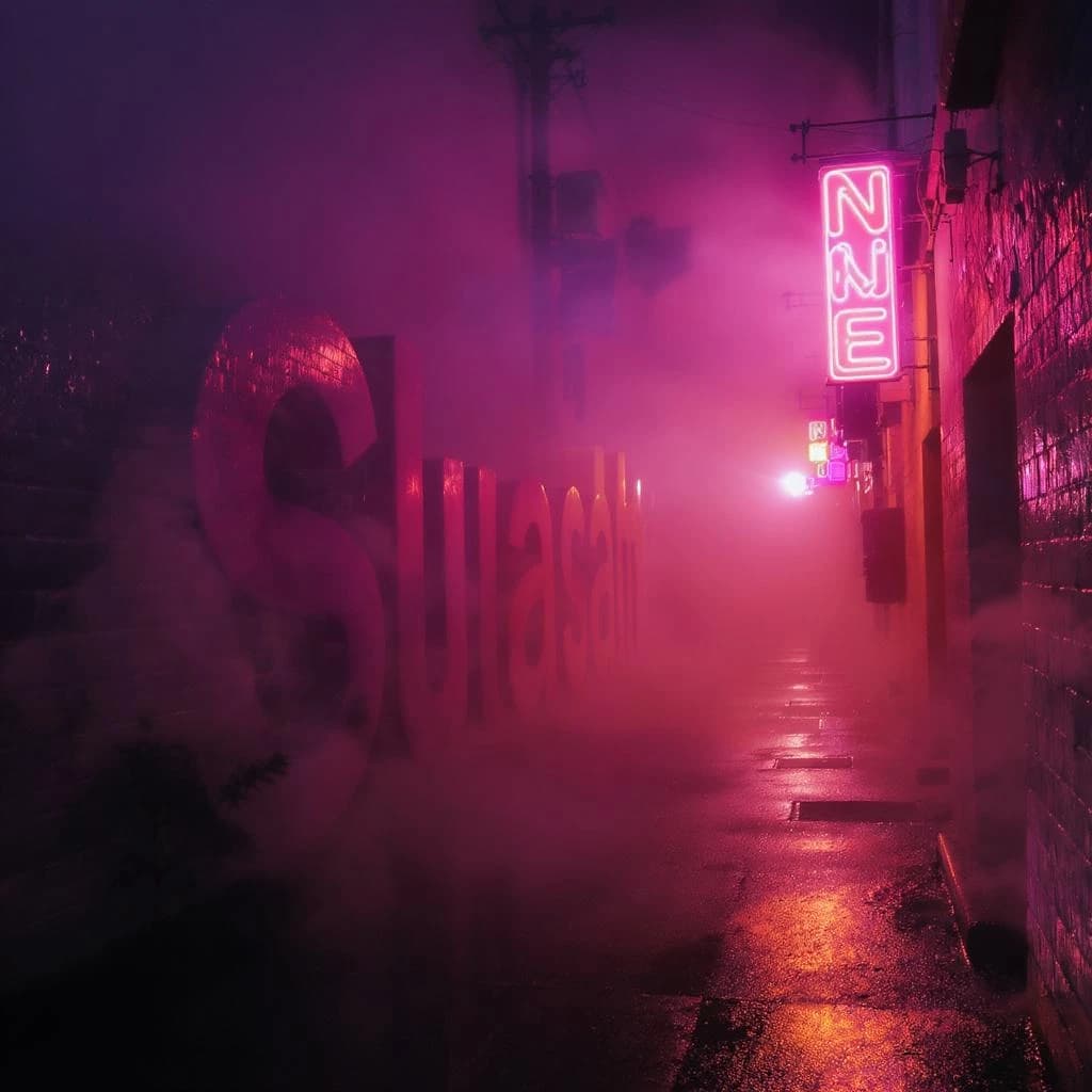 Neon serif letters flicker in a foggy alley, wet asphalt glowing a bit.