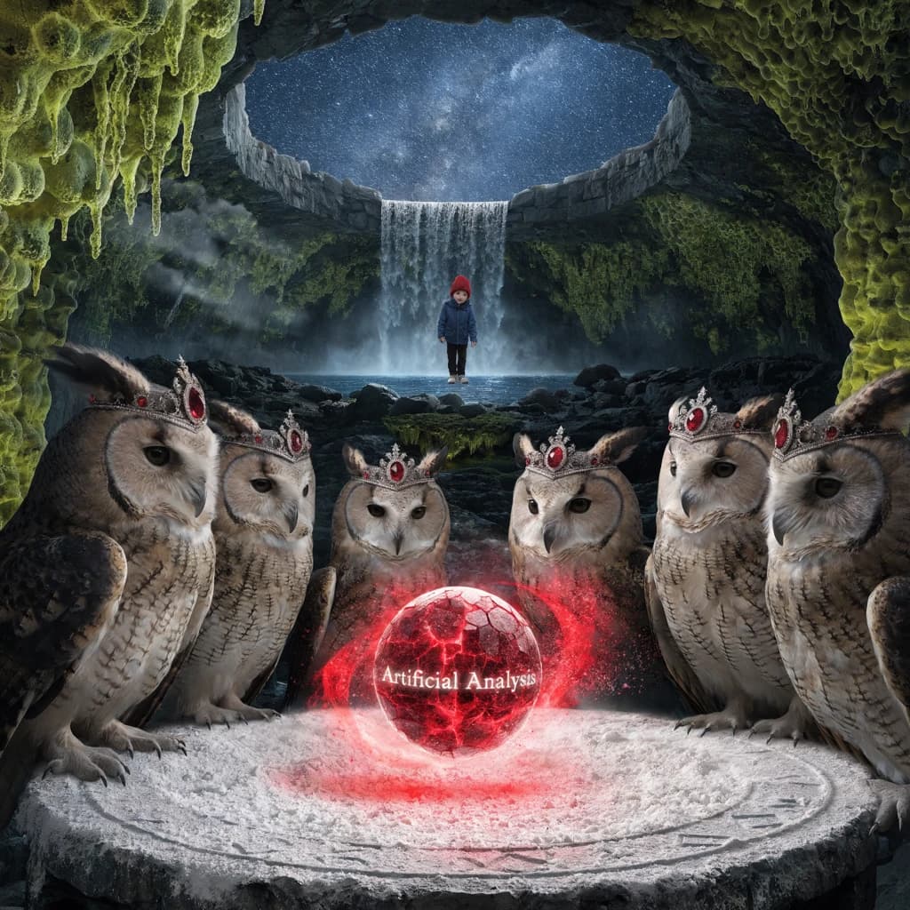 In a cavern lined with bioluminescent fungi glowing lime green, the council of owls wear jeweled crowns that glimmer with rubies, their wings folded behind their backs. Dust coats the stone table, a glowing orb inscribed with “Artificial Analysis” hovers above the table illuminating the owls with its red pulsating light. Behind them, a waterfall falls upward into a ceiling that opens onto stars - a child looks down in wonder from above at what he has stumbled across.