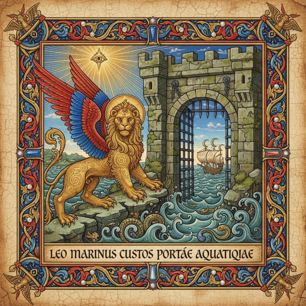 Paint an illuminated manuscript scene of a winged lion guarding a sea gate.