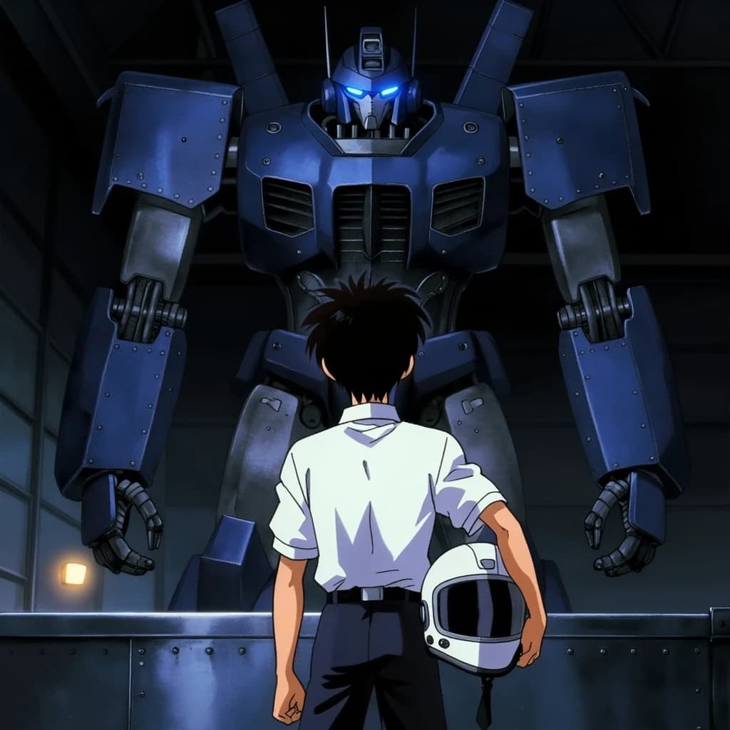A teenage pilot grips his helmet under one arm, standing at the edge of a glowing hangar bay. Before him looms a sleek, steel-blue mech, its eyes lit with a cold electric glare. His school uniform is rumpled, a sharp contrast to the machine’s flawless plating. The vast scale engulfs him in shadow, emphasizing both awe and dread. Hand-drawn anime style.