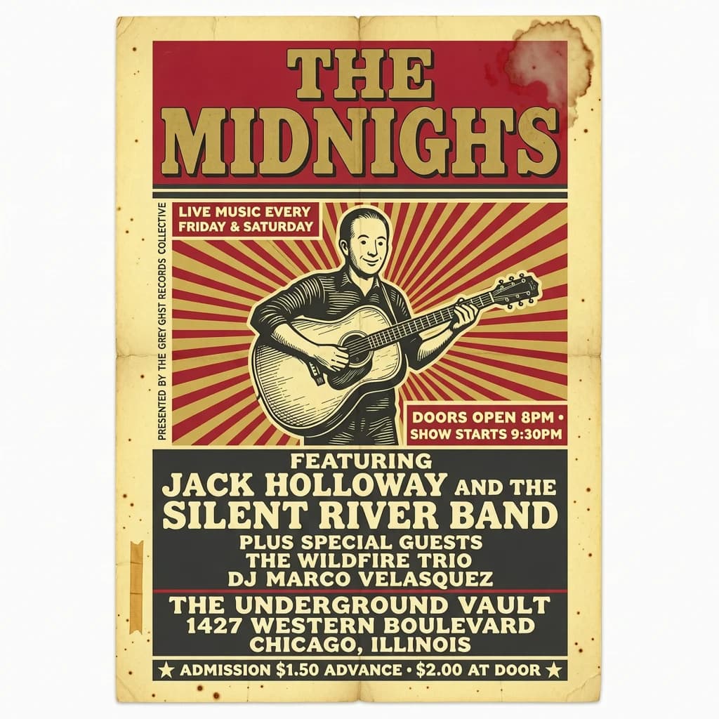Make a 1960s concert poster featuring bold wood type, misaligned ink, creases.