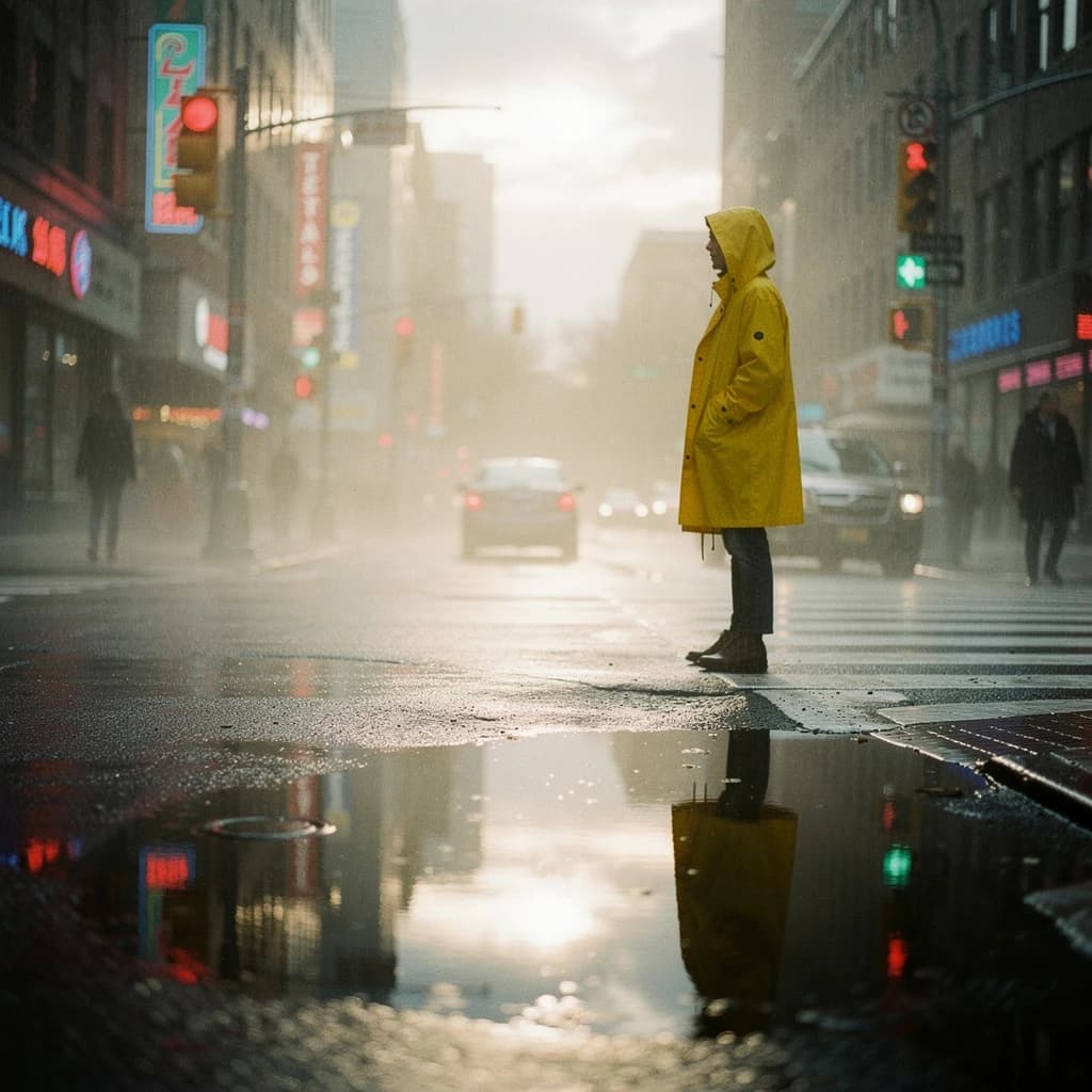 A sunlit city street after rain; puddles mirror neon signs as a woman in a yellow raincoat waits at a crosswalk, soft mist, 50mm look, natural tones, a bit of film grain.