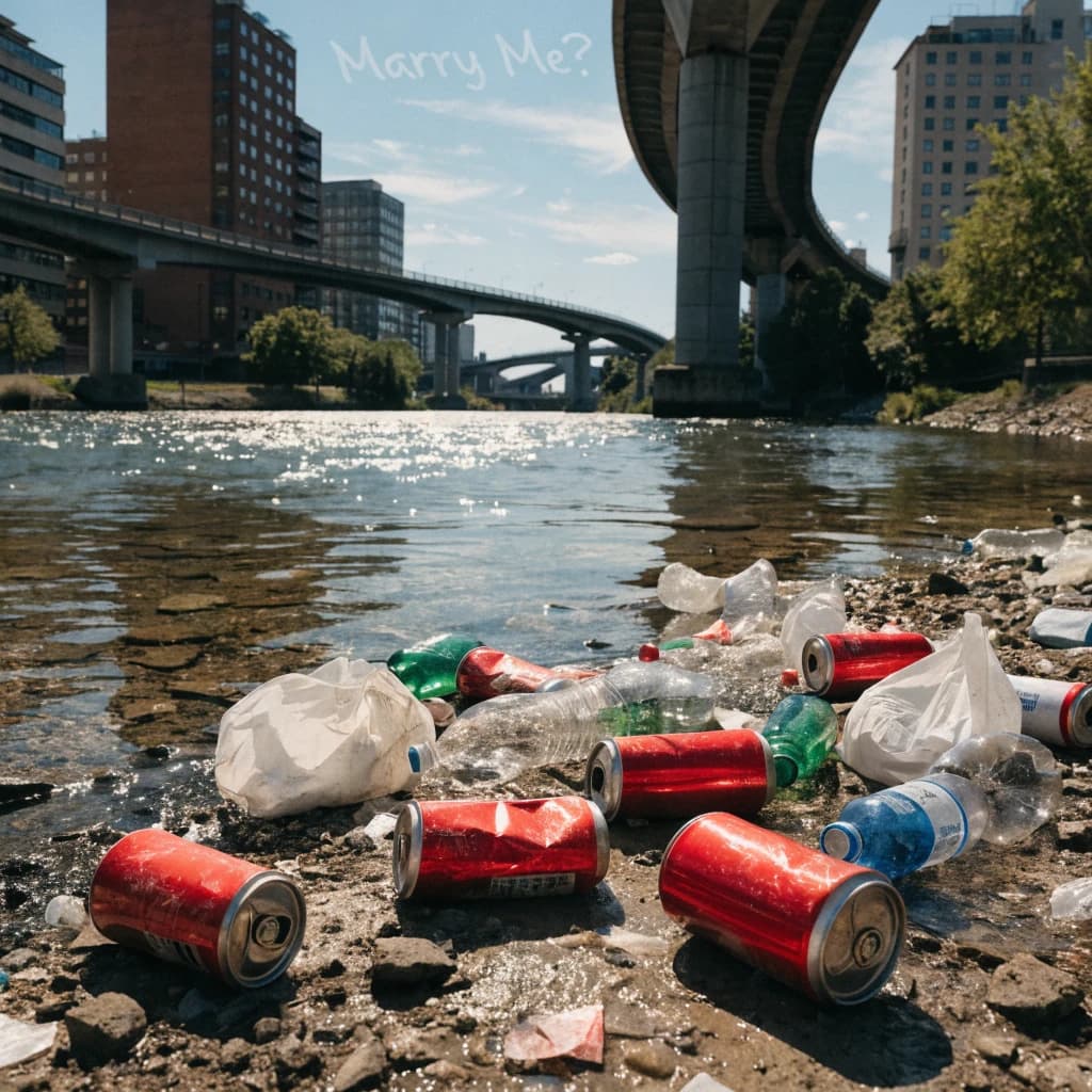 Red soda cans and other garbage sit strewn across the bank of an urban river only a few metres wide. Concrete overpasses criss cross overhead on a bright and sunny day. Fading skywriting proposes marriage