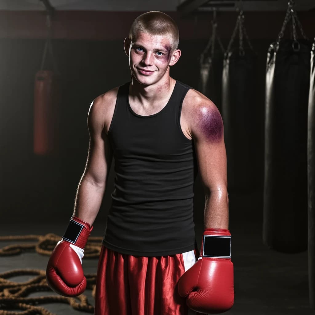 Paint a bruised boxer smiling, serious expression.