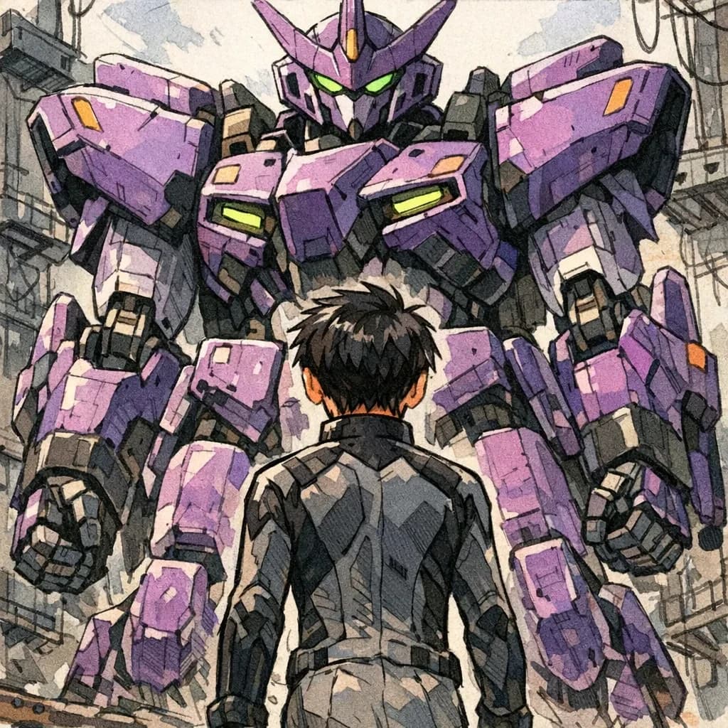 Clad in his body suit up to the neck, young Masa nervously approaches the towering mech with his back facing us. He is nervous for his first time in the field. The mech's bright purple colour scheme contrasts with the grey body suit. The scale of the mech dwarfs Masa. Hand drawn style