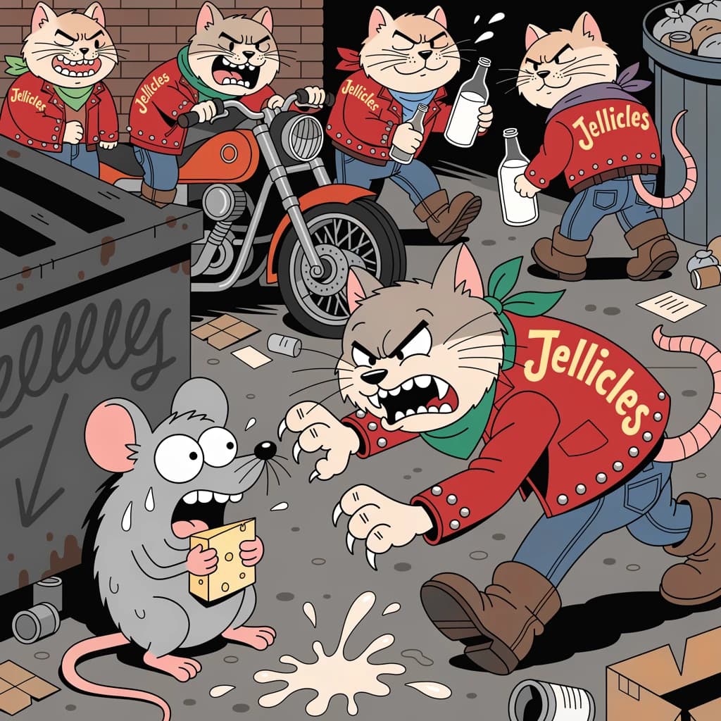 The cartoon rat clenches his thin wedge of cheese and trembles in fear as he hides from the menacing Jellicles, the roaming cat motorcycle gang, all wearing their colors with the name on the back. The cats have all drunk far too much milk and are causing a big ruckus! One cat is close to finding the rat