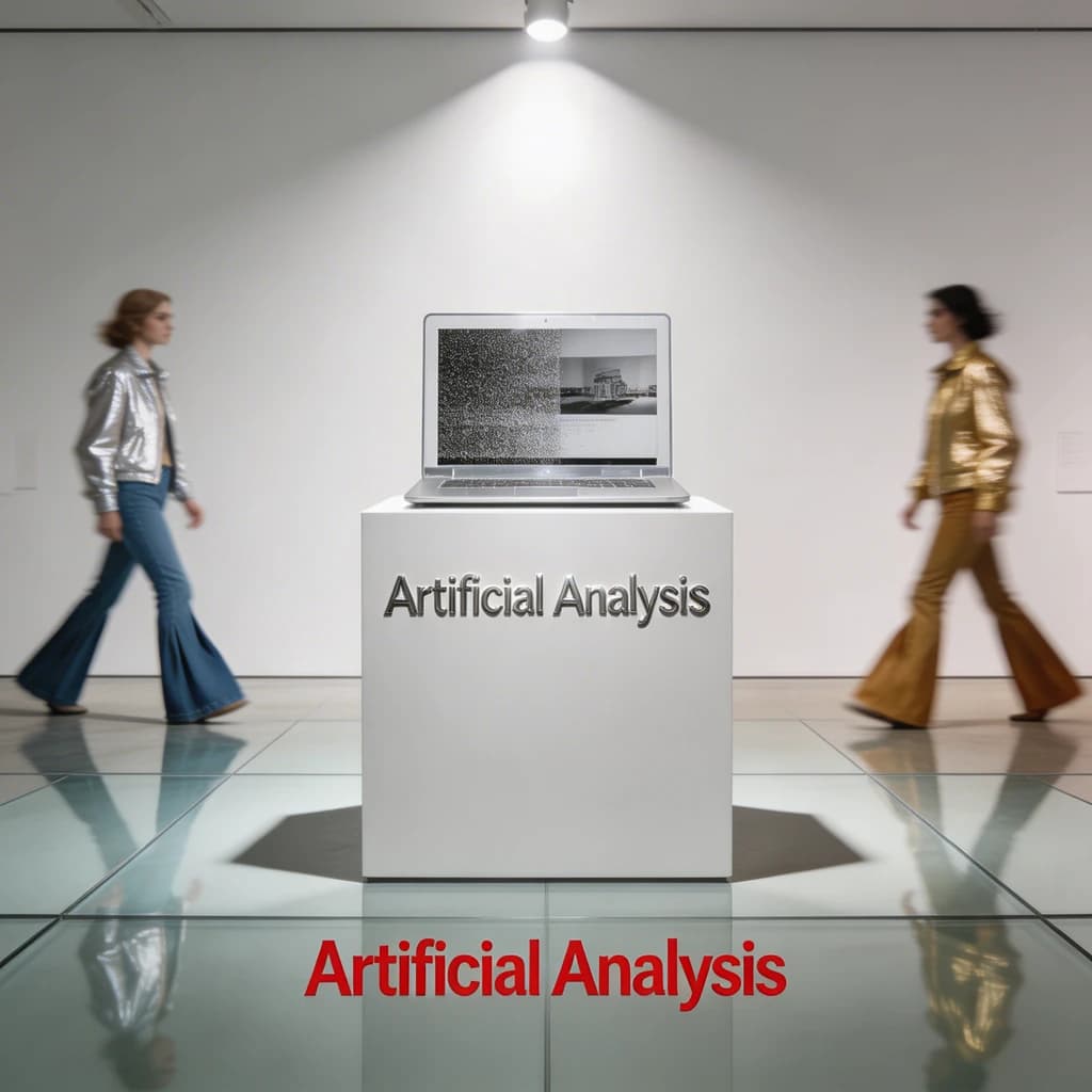 In a spotless gallery space, a pedestal supports a transparent laptop whose screen flickers between static and pristine brand imagery. Shoppers blur past in designer clothes that appear slightly outdated - bell bottoms, metallic jackets. The embossed logo “Artificial Analysis” glints silver, yet its reflection in the glass floor reads in crimson letters. A single spotlight shines, though shadows fall in two directions.