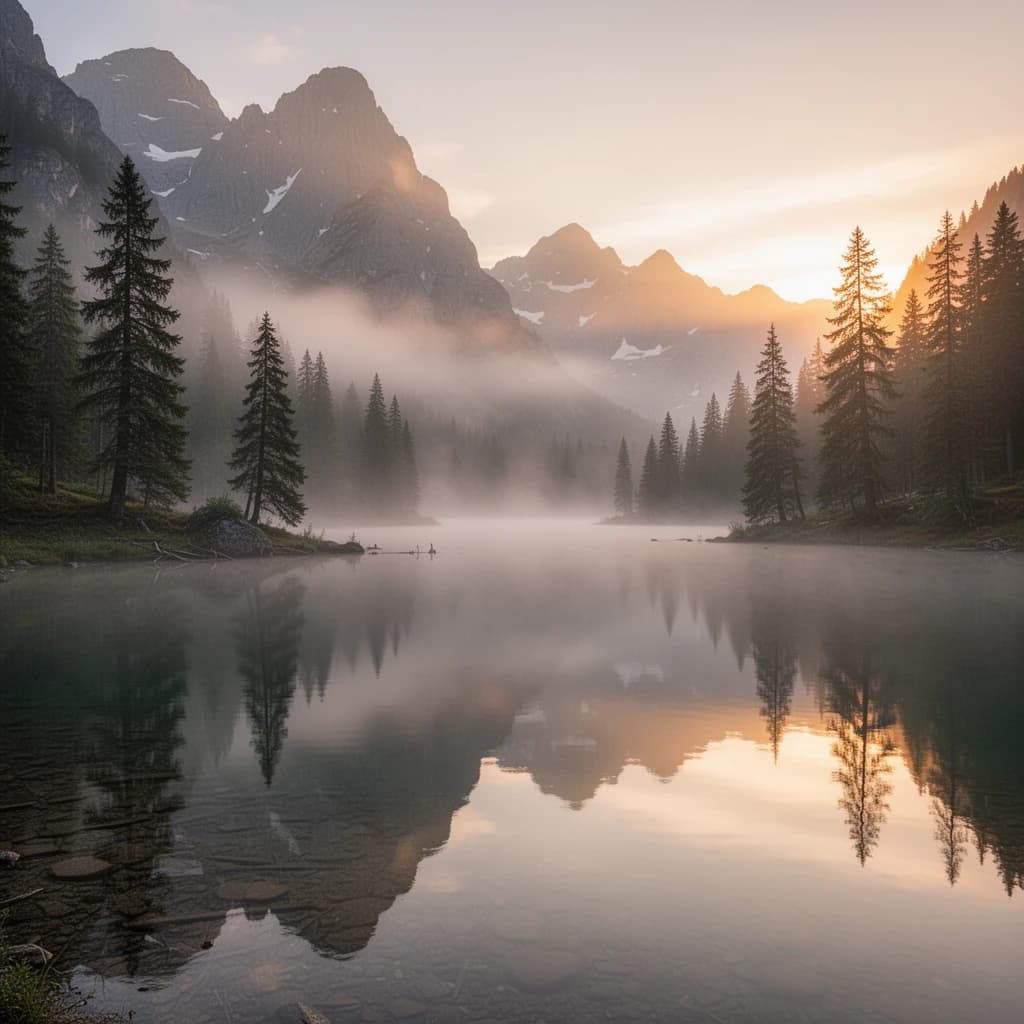 I want a photo of a misty alpine lake at dawn, pines, glassy water, warm light.