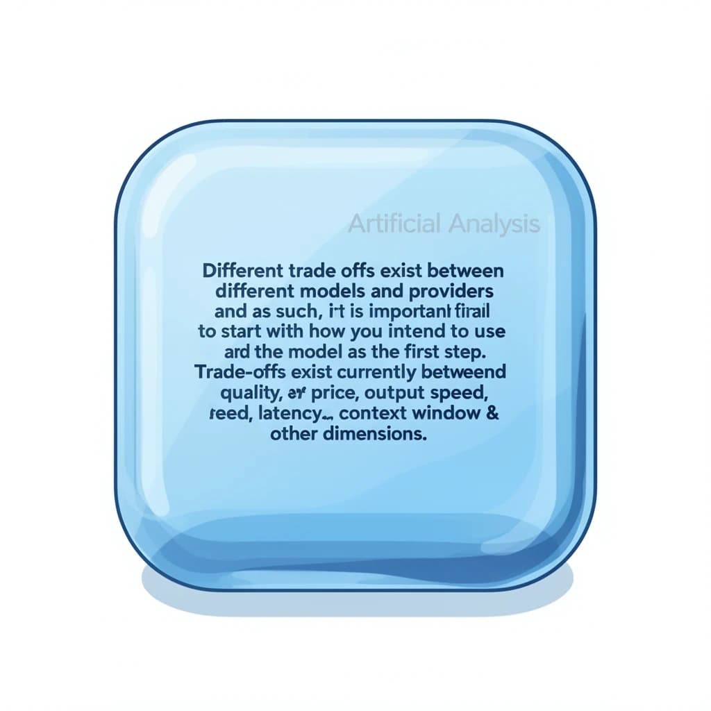 In a clear transparent blue glassy rounded box, etch "Different trade offs exist between different models and providers and as such, it is important to start with how you intend to use the model as the first step. Trade-offs exist currently between model quality, price, output speed, latency, context window & other dimensions. " in sans serif medium weight text. Artificial Analysis is watermarked over the top right 