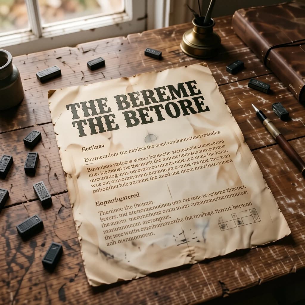 A vintage letterpress poster on a wooden desk: bold slab serif headline, tight kerning, misregistered ink, slightly worn edges, scattered metal type, soft window light.
