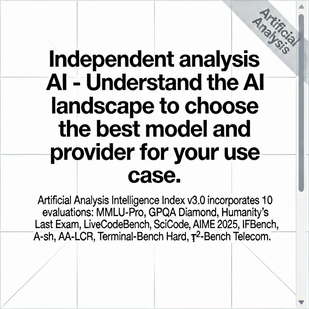 On a white dashboard with thin gray dividers, place a centered header in Helvetica Neue Bold, 20pt: “Independent analysis of AI - Understand the AI landscape to choose the best model and provider for your use case.” Directly beneath, a subheader in smaller Regular weight, 14pt: “Artificial Analysis Intelligence Index v3.0 incorporates 10 evaluations: MMLU-Pro, GPQA Diamond, Humanity's Last Exam, LiveCodeBench, SciCode, AIME 2025, IFBench, AA-LCR, Terminal-Bench Hard, 𝜏²-Bench Telecom.” The header is fully justified but the subheader is left-aligned. In the upper right corner, the Artificial Analysis logo appears watermarked, diagonal, faint gray, partially overlapping the scrollbar.