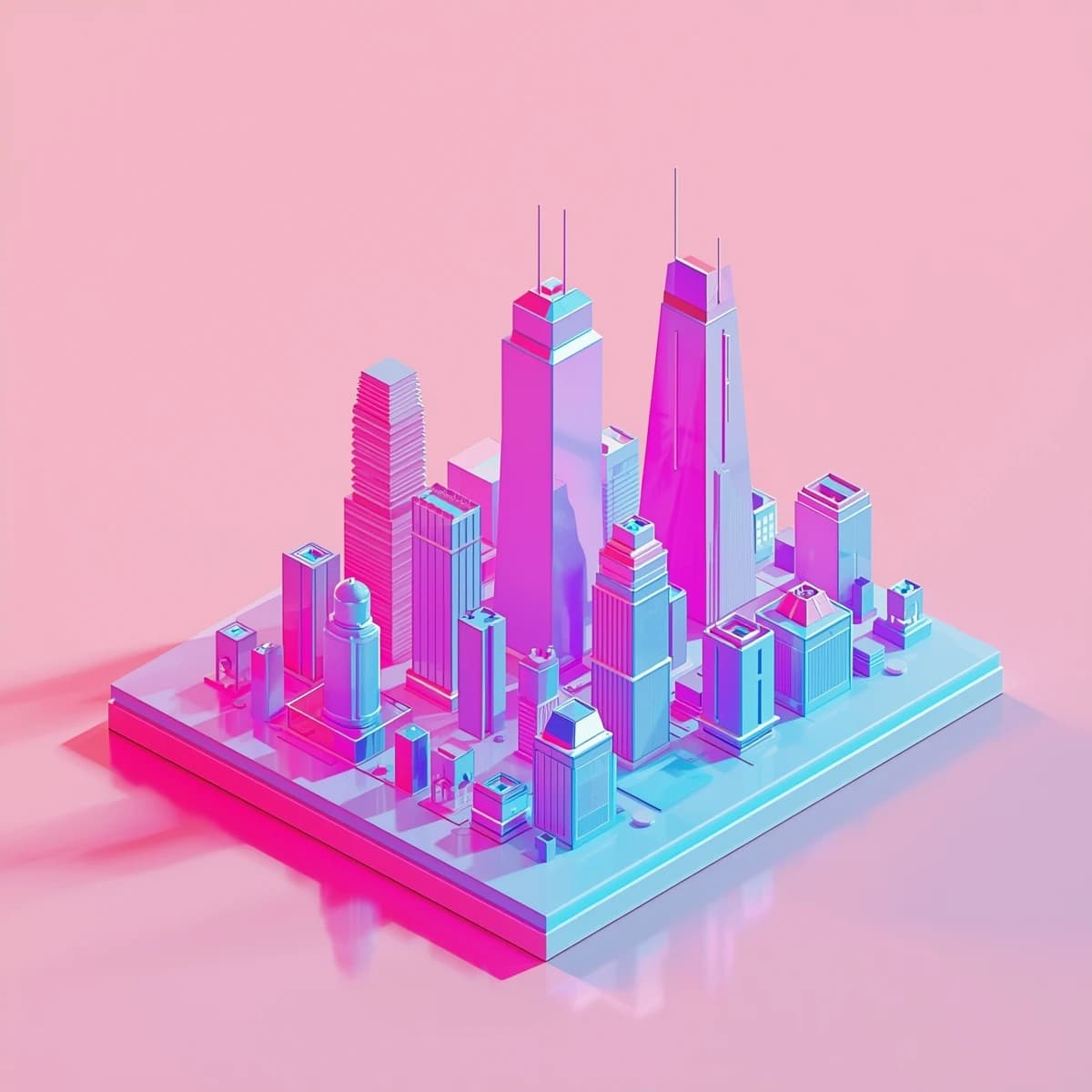 Render an isometric city poster with geometric buildings, neon gradients, gloss highlights, soft AO shadows, clean sans-serif lettering, grid layout, reflections a bit overexposed.