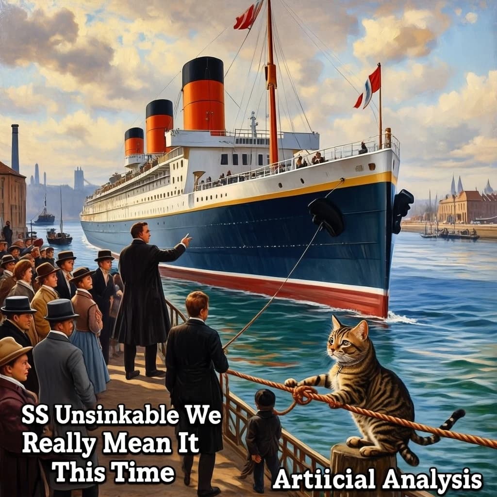 An impressionistic painting of the mighty steamer the "SS Unsinkable We Really Mean It This Time" on a cloudy but bright London morning about to set out on her maiden voyage. A jubilant crowd is gathered on the dock around the paunchy mayor who is making a speech, gesticulating wildly with his hands. The gangways are busy with well heeled ladies and gentlemen making their way onto the ship. A cheeky cat hangs over the water, clinging to the mooring rope after an ill-fated attempt to climb up. The artist has signed his name "Artificial Analysis" in the bottom corner